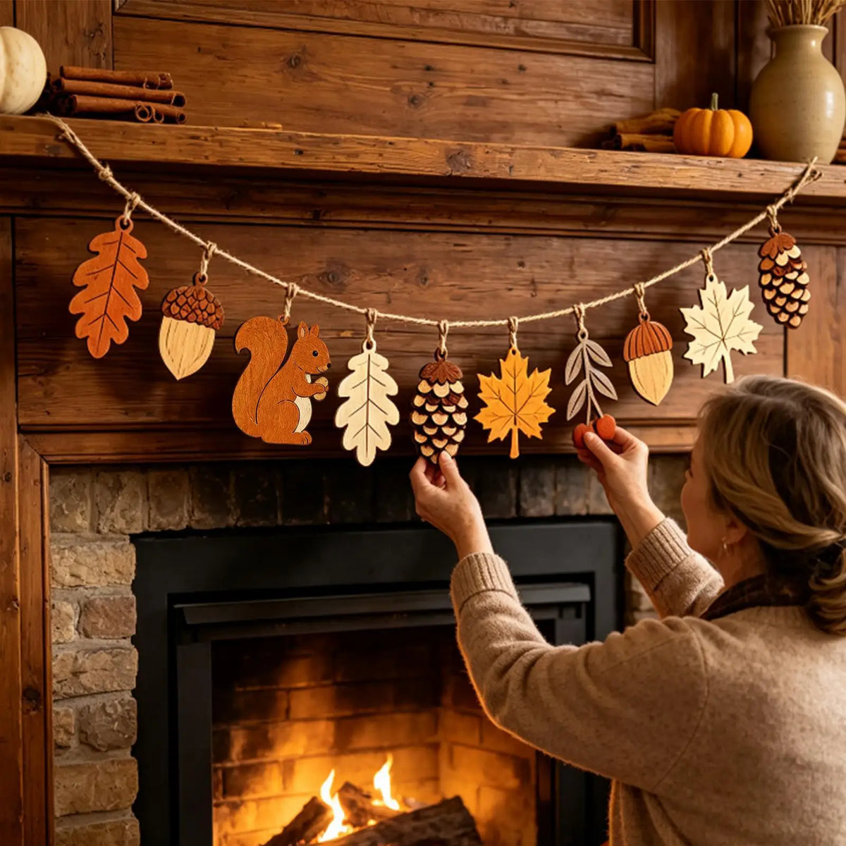 Fall Thanksgiving Wooden Garland Decor Squirrel Acorn Leaves Wood Pendant Farmhouse Wall Hanging Ornament for Fireplace Mantel