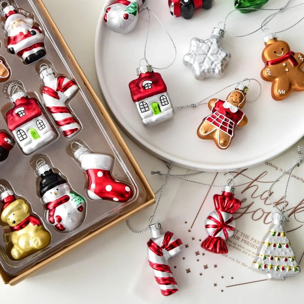 6/9pcs Glass Xmas Tree Ornaments Snowman Gifts Car and House Navidas Atmosphere Decor Santa Claus Christmas Tree Charm