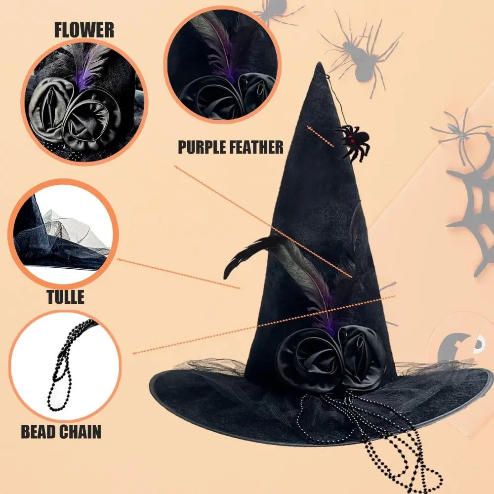 Black Spider Halloween Witch Hat With Black Veil Flower Feather Comfort Pleated Wizard Hat Knit Witch Costume Accessories