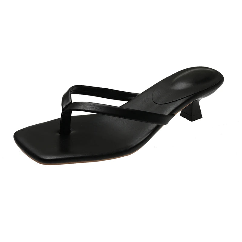 Deluxe Women's Minimalist Thong Strap Low Kitten Heel Mule Sandals