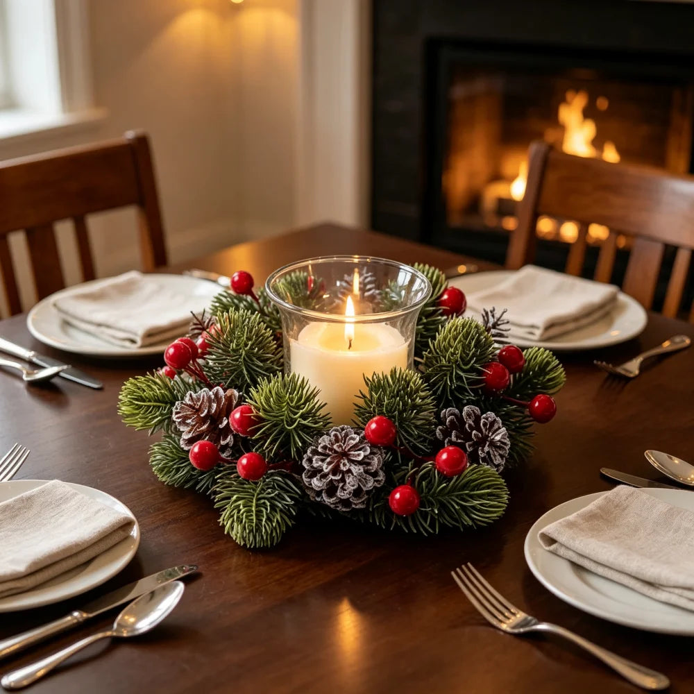 Christmas Candle Ring Wreath Red Berries Frosted Pinecones Mini Artificial Pine Table Centerpiece for Holiday Home Dining Decor