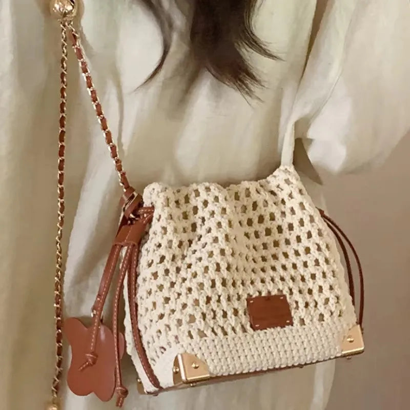Deluxe Woven Knit Drawstring Crossbody Bucket Bag with Chain Strap