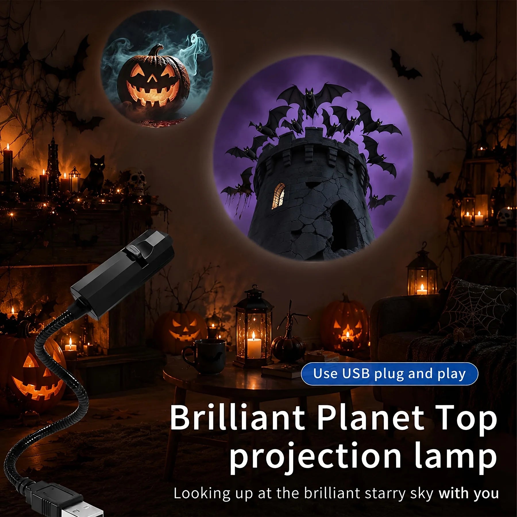 Deluxe USB Halloween HD Mini Projector Light with Spooky Slides