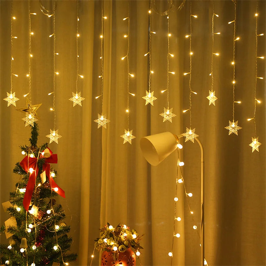 Christmas Light Led Snowflake Curtain Icicle Fairy String Lights Outdoor Garland Home Party Garden 2025 New Year Decoration