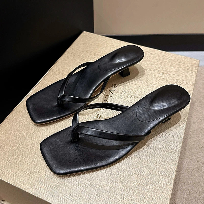 Deluxe Women's Minimalist Thong Strap Low Kitten Heel Mule Sandals