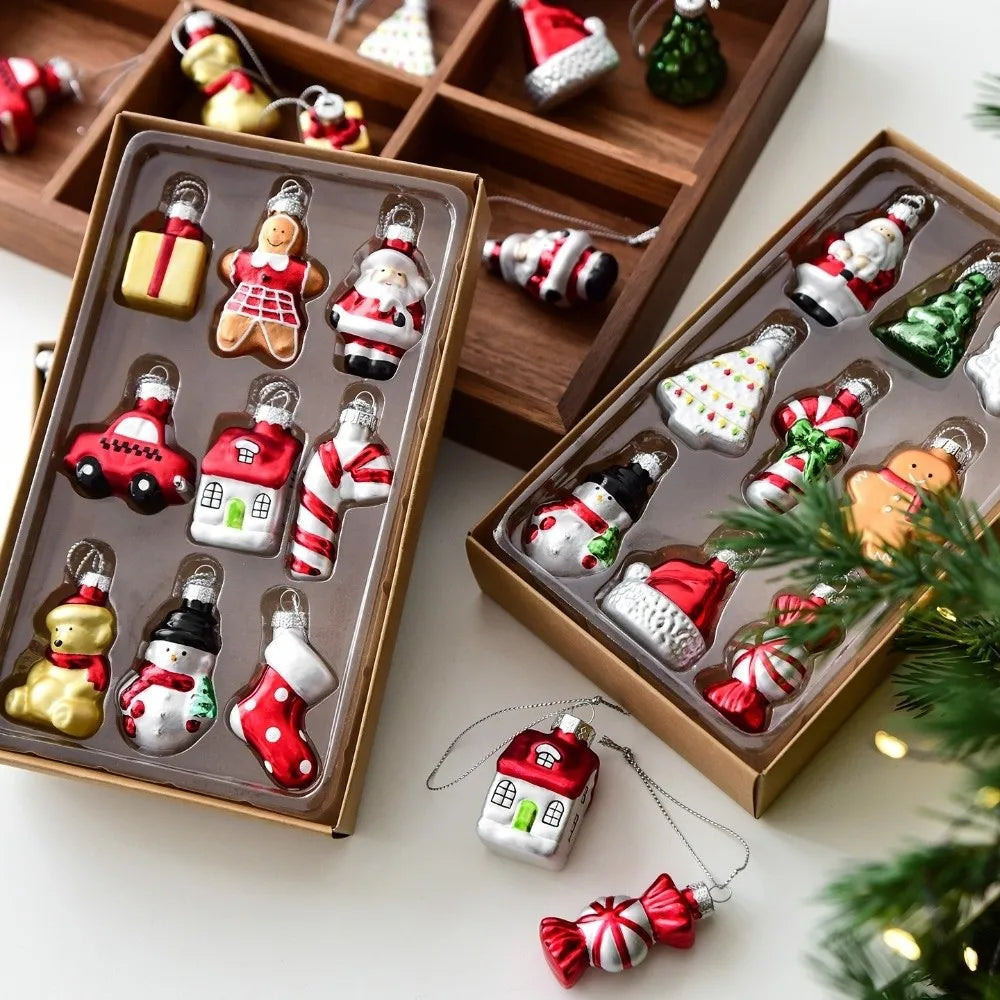 6/9pcs Glass Xmas Tree Ornaments Snowman Gifts Car and House Navidas Atmosphere Decor Santa Claus Christmas Tree Charm