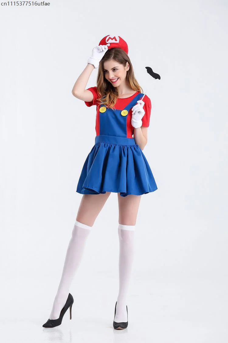 Deluxe Women's Super Plumber Costume Skater Dress & Hat Set
