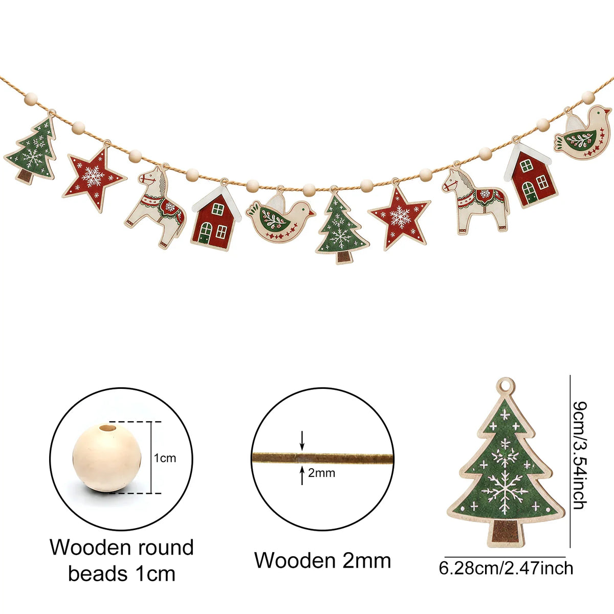 Scandinavian Christmas Wooden Garland, Wood Beads Hemp Rope, Tree Star Dala Horse for Fireplace Mantel Wall Xmas Home Decor
