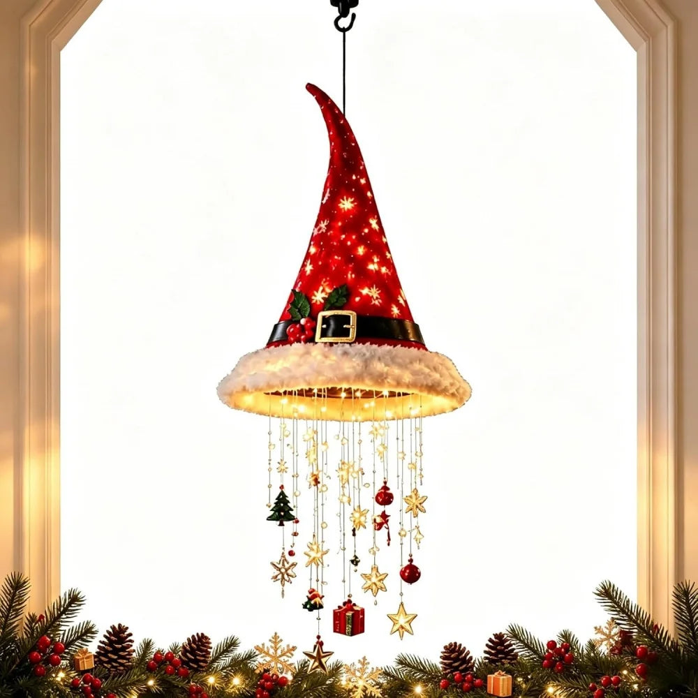 Christmas Lighted Santa Hat with Snowflakes Christmas Tree Pendant Hanging Lantern Xmas Decoration for Home New Year Party Gifts