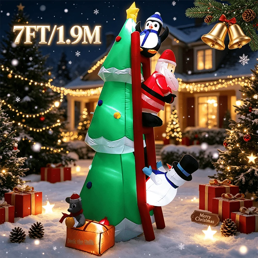 Christmas Inflatable DIY Decor Outdoor Giant Xmas Tree 7FT Lighted Blow Up Santa Claus Climbing Tree for HolidayYard Decor