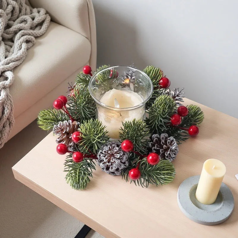 Christmas Candle Ring Wreath Red Berries Frosted Pinecones Mini Artificial Pine Table Centerpiece for Holiday Home Dining Decor