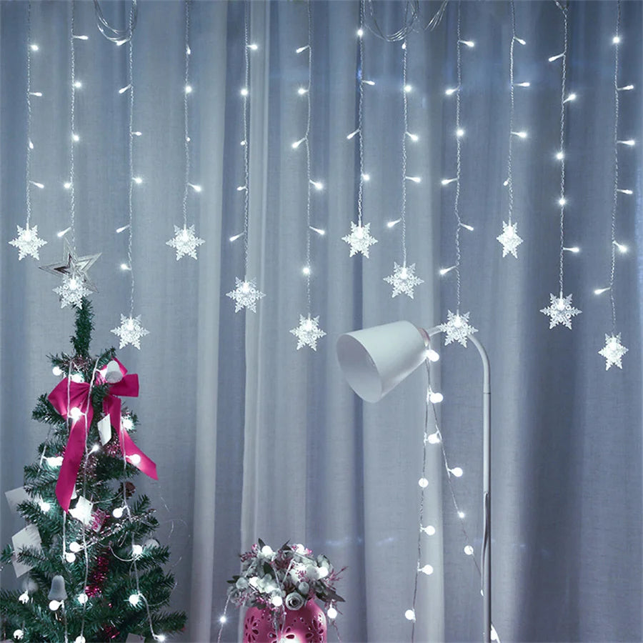 Christmas Light Led Snowflake Curtain Icicle Fairy String Lights Outdoor Garland Home Party Garden 2025 New Year Decoration