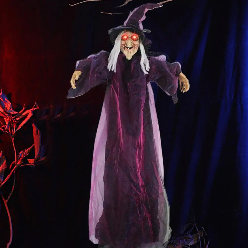 Halloween Life Size Talking Witch Outdoor Purple Spooky Animatronic Witch Decor Prop Halloween Decoration Red Eye Animated Witch