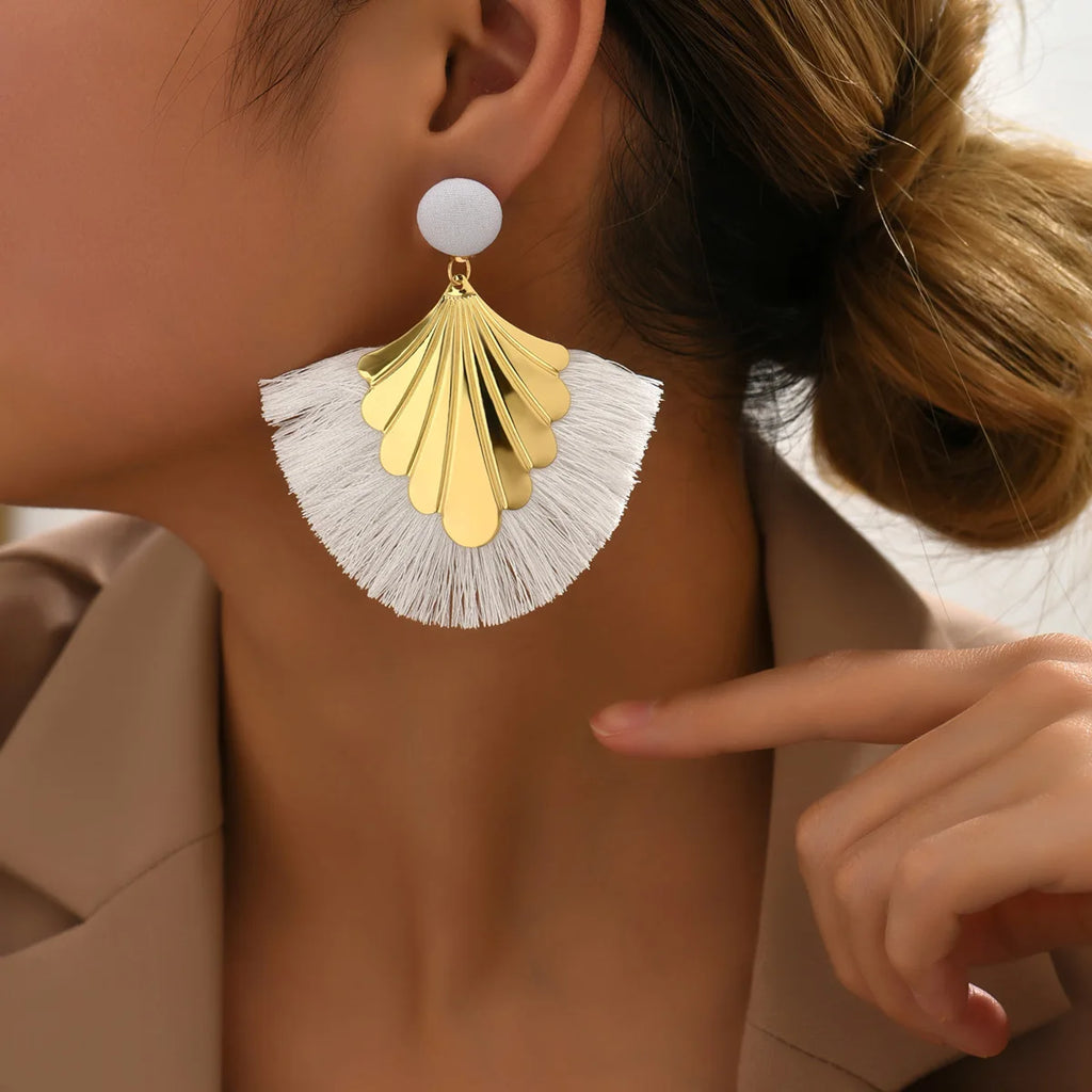Bohemian fan shaped tassel earrings with fashionable ripple design and exaggerated style earrings