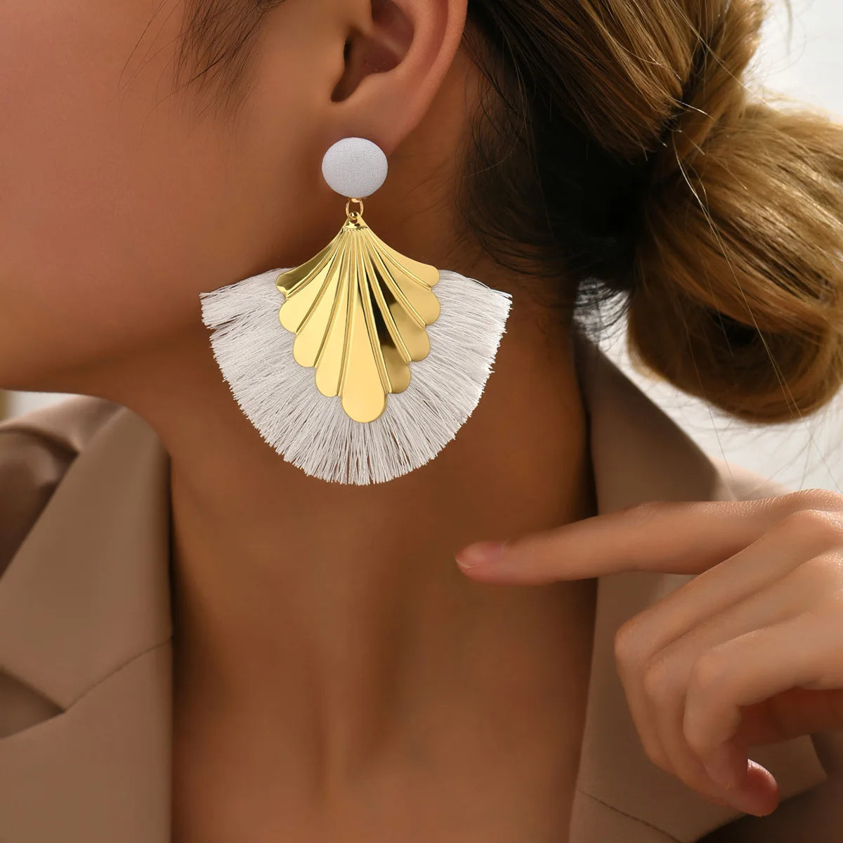 Bohemian fan shaped tassel earrings with fashionable ripple design and exaggerated style earrings