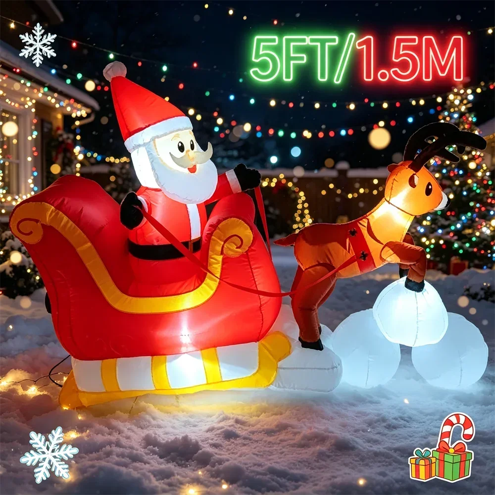 Christmas Blow Up Outdoor DIY Holiday Decorations 5 FT Inflatable Santa Claus Riding Sleigh with LEDs Xmas Party Yard Lawn Decor