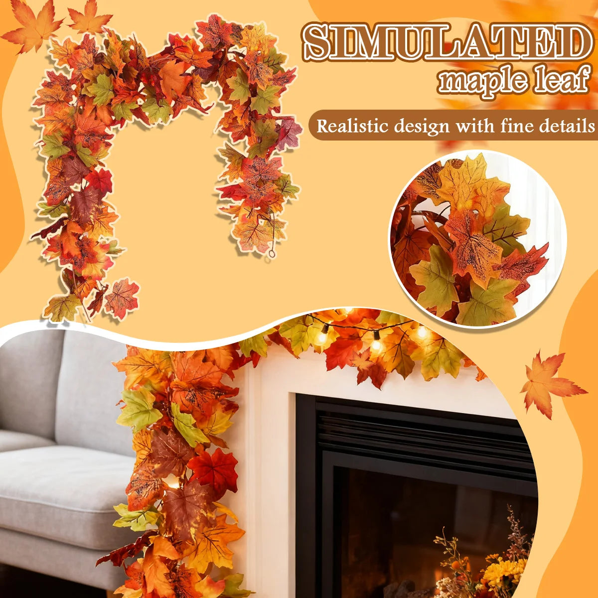  ﻿ Artificial Maple Leaf Vine Wreath Wall Hanging Autumn Garland Decoration Thanksgiving Halloween Christmas Fireplace Decor